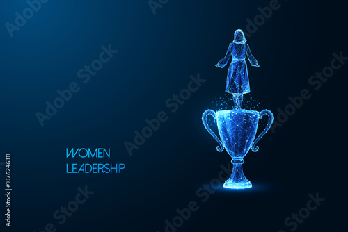 Women leadership concept with female silhouette standing on trophy cup on dark blue background. 