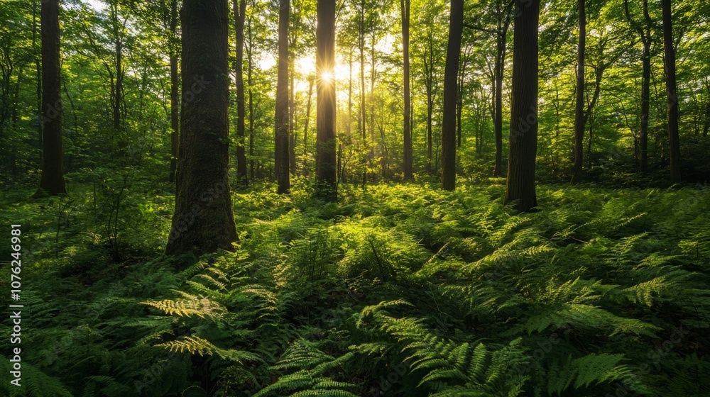 Obraz premium Sunbeams Filtering Through a Lush Forest Floor