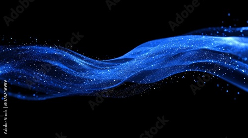A flowing, blue wave stands out against a dark background.Tiny dots and lines connect to create a sense of network.this image would look great as a design element for technology or science projects.