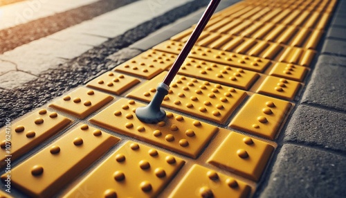 Yellow tactile paving blocks on a pedestrian sidewalk