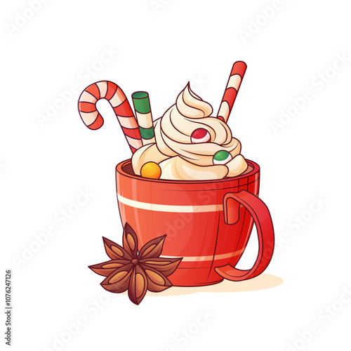 Winter vector illustration of hot drink with whipped cream and anise. Coffee shop, drink, bar concept. For design, poster, banner, decoration of menu. Merry Christmas, cozy winter, New Year concept.