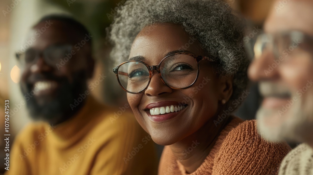 A woman with gray hair and glasses smiles brightly while looking to the side, a man with glasses is out of focus in the background. A woman with gray hair and glasses smiles brightly while looking to the side, a man with glasses is out of focus in the background.