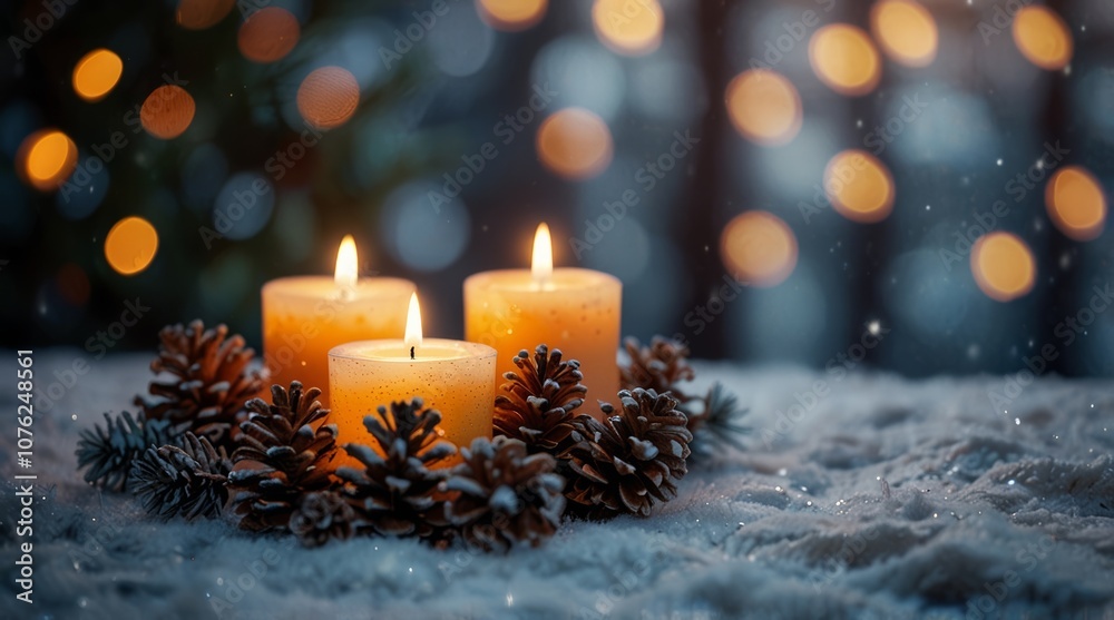 Christmas scene with a lit candle in a decorative holder Christmas scene with a lit candle in a decorative holder