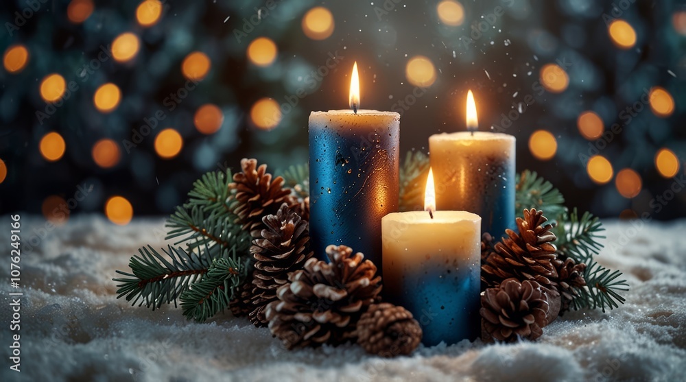 Christmas scene with a lit candle in a decorative holder Christmas scene with a lit candle in a decorative holder
