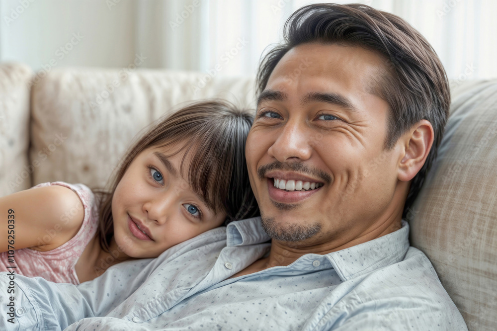 Portrait of hapyy Asian daddy with little daughter girl relaxing in sofa and looking at camera in home Portrait of hapyy Asian daddy with little daughter girl relaxing in sofa and looking at camera in home