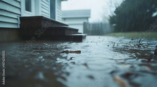 close up view of house exterior during heavy rain, showcasing water pooling around steps and scattered leaves. scene evokes sense of calm amidst storm