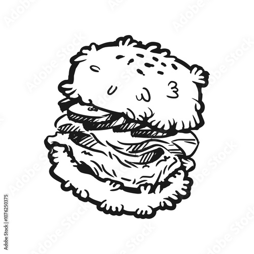 A detailed illustration of a layered sandwich with toppings, featuring a fluffy bun and fresh ingredients, showcasing deliciousness and creativity