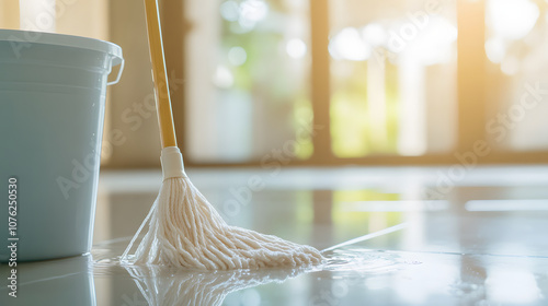 close up shot of mop being squeezed out in bucket, showcasing cleaning process on shiny floor. warm sunlight enhances fresh and clean atmosphere