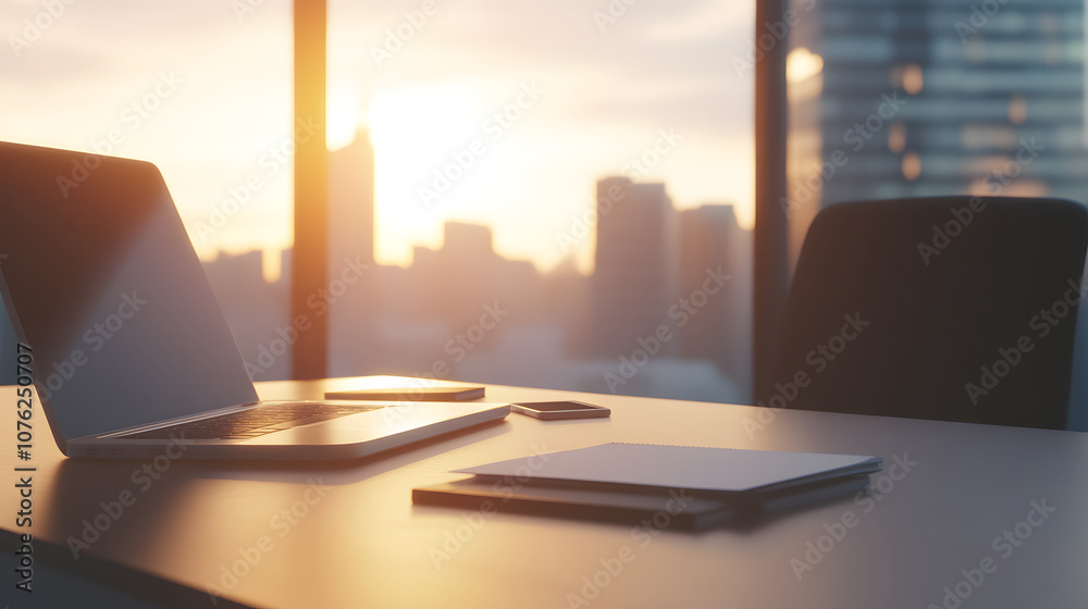 sleek modern office desk features laptop, smartphone, and notepad, illuminated by warm sunlight streaming through large windows. city skyline creates vibrant backdrop, enhancing workspaces inviting sleek modern office desk features laptop, smartphone, and notepad, illuminated by warm sunlight streaming through large windows. city skyline creates vibrant backdrop, enhancing workspaces inviting