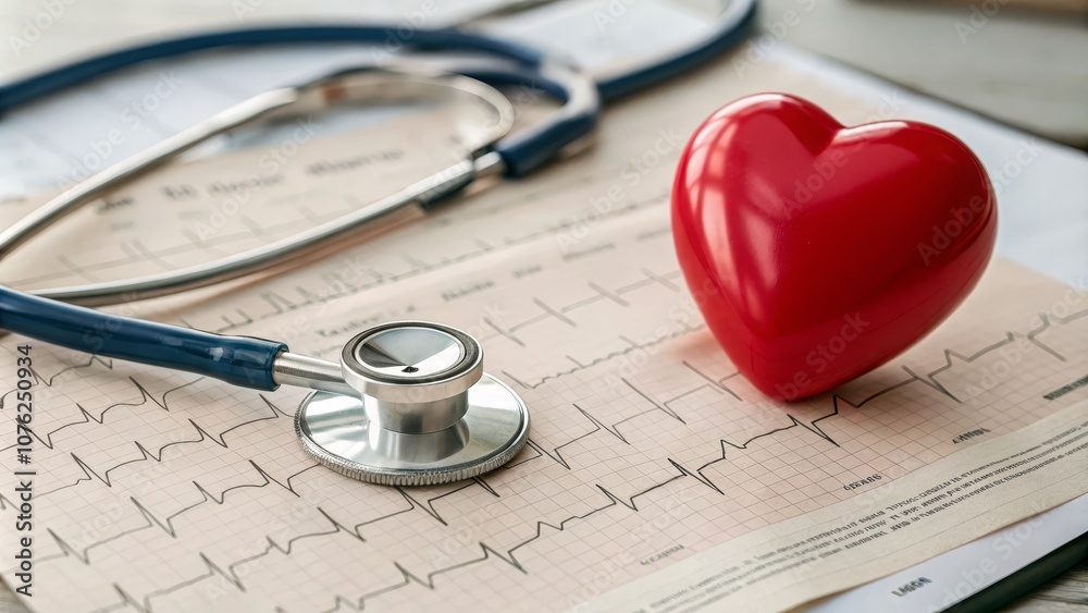 Closeup of Stethoscope and Red Heart on ECG Printout with Normal Sinus Rhythm - Symbol of Healthy Heart and Wellbeing Concept Closeup of Stethoscope and Red Heart on ECG Printout with Normal Sinus Rhythm - Symbol of Healthy Heart and Wellbeing Concept