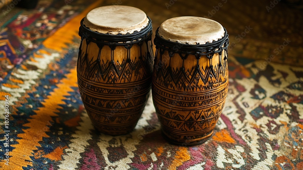 Two Ornate Wooden Bongo Drums Two Ornate Wooden Bongo Drums