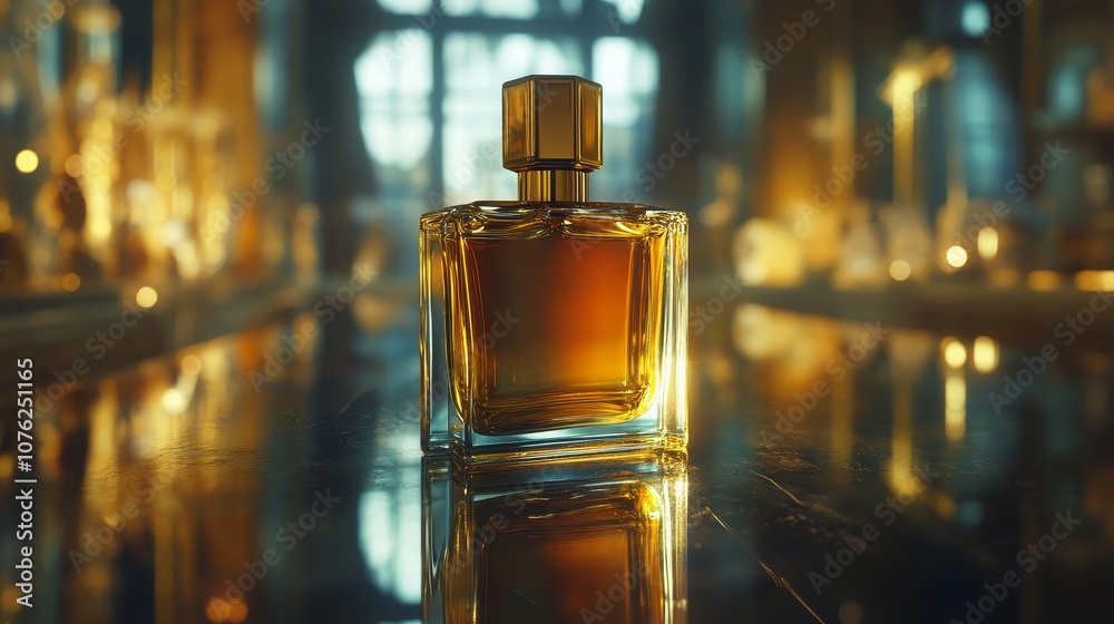 A luxurious perfume bottle reflects warm light in an elegant setting. A luxurious perfume bottle reflects warm light in an elegant setting.