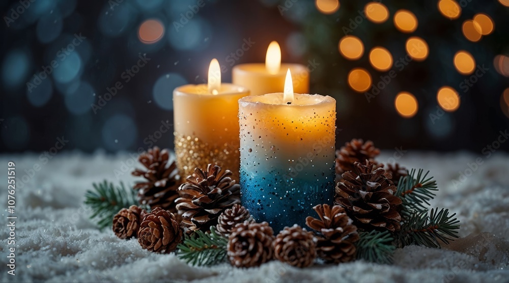 Christmas scene with a lit candle in a decorative holder Christmas scene with a lit candle in a decorative holder
