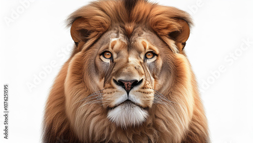 A close up of a lion on a white background. PNG transparent.