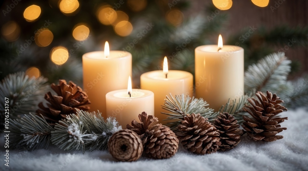 Christmas scene with a lit candle in a decorative holder Christmas scene with a lit candle in a decorative holder