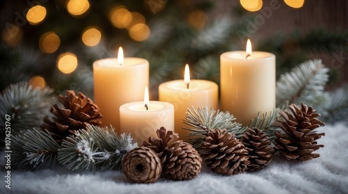 Christmas scene with a lit candle in a decorative holder