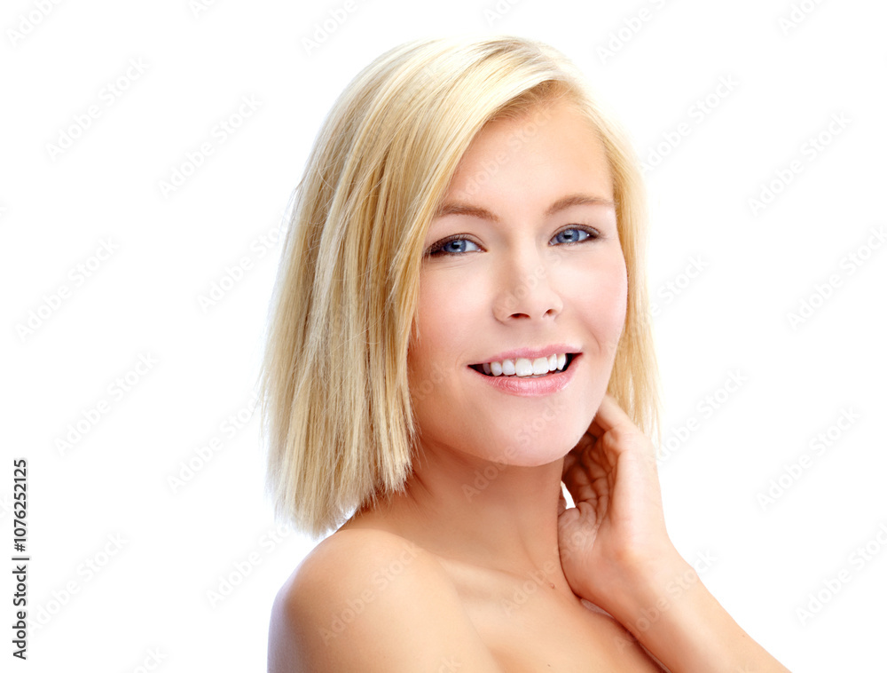 Short, hair and woman portrait in studio for glow, straight and keratin treatment on white background. Female person, shampoo results and proud of haircare or hairstyle, cosmetics and luxury beauty Short, hair and woman portrait in studio for glow, straight and keratin treatment on white background. Female person, shampoo results and proud of haircare or hairstyle, cosmetics and luxury beauty