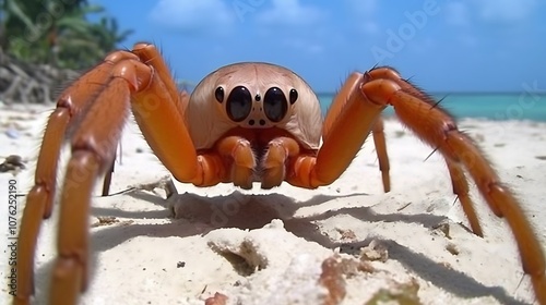 Close-up of a Huntsman Spider on a Sandy Beach photo