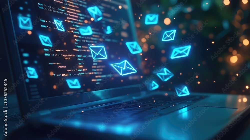 Blue glowing email icons float above a laptop, highlighting the importance of digital communication. Blue glowing email icons float above a laptop, highlighting the importance of digital communication.