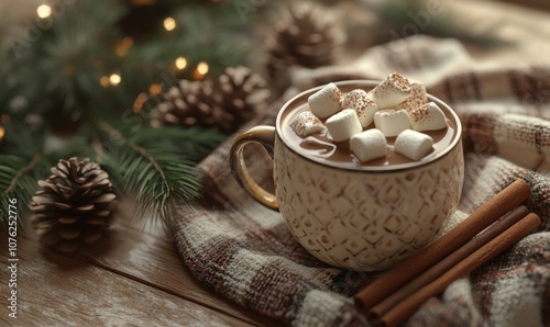 A mug of hot chocolate with marshmallows on top sits on a table next to pine con