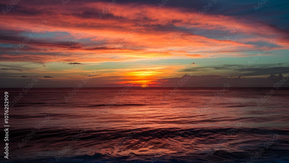 Dramatic sunset over the ocean with vibrant orange, red, and blue colors in the sky, reflecting on the calm water surface Dramatic sunset over the ocean with vibrant orange, red, and blue colors in the sky, reflecting on the calm water surface