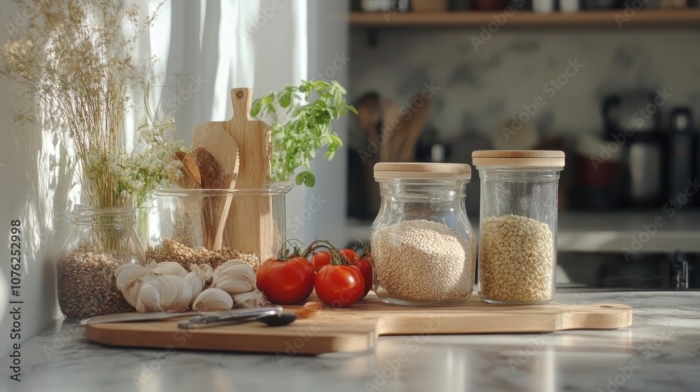 A kitchen counter with fresh ingredients including tomatoes, garlic, and grains stored in glass jars. A kitchen counter with fresh ingredients including tomatoes, garlic, and grains stored in glass jars.