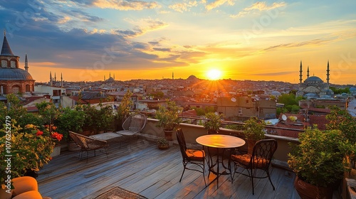 A stunning view of the city skyline at sunset from a rooftop patio. The golden light illuminates the cityscape. photo