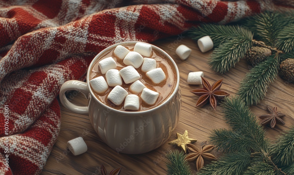 A mug of hot chocolate with marshmallows on top of a wooden table A mug of hot chocolate with marshmallows on top of a wooden table