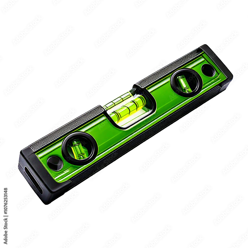 Fototapeta premium Bright Green and Black Spirit Level Tool, Horizontally Positioned with Subtle Shadows, Isolated on White Background
