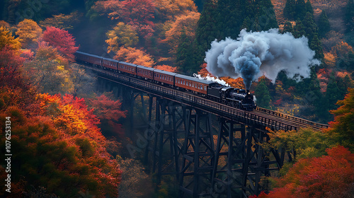 A scenic shot of a train crossing a wooden trestle bridge, surrounded by a sea of colorful autumn trees, with sharp focus on the bridge structure in the foreground 