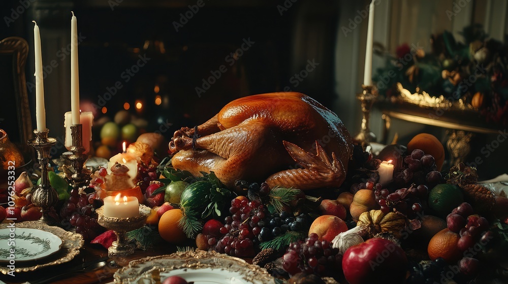 A roasted turkey sits on a table surrounded by a feast of fresh fruit and vegetables, ready for a holiday celebration. A roasted turkey sits on a table surrounded by a feast of fresh fruit and vegetables, ready for a holiday celebration.