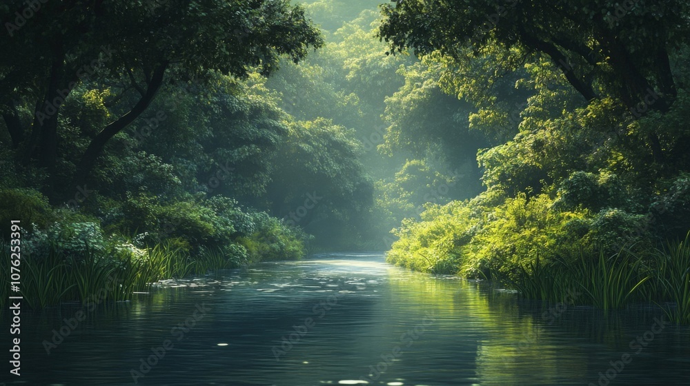 Serene River Flowing Through Lush Green Forest Serene River Flowing Through Lush Green Forest