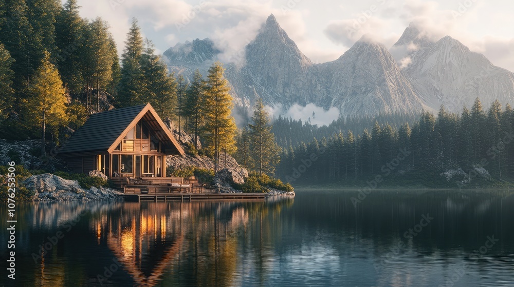 A wooden cabin sits on the edge of a tranquil lake, with towering mountains and a lush forest in the background. A wooden cabin sits on the edge of a tranquil lake, with towering mountains and a lush forest in the background.