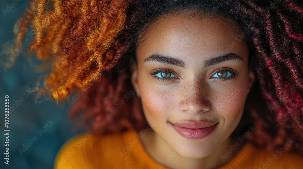 woman with vibrant curly hair and warm smile exudes confidence and joy. Her bright eyes and freckles add to her natural beauty, creating captivating portrait woman with vibrant curly hair and warm smile exudes confidence and joy. Her bright eyes and freckles add to her natural beauty, creating captivating portrait