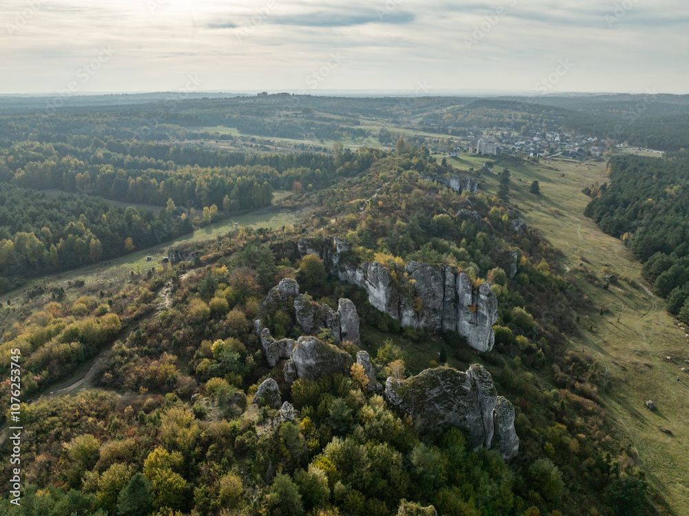 Fototapeta premium Aerial drone view of Mirow Castle in autumn. Jurassic limstone rocks on Eagles Nests in Polish Jurassic Highland. Old medieval fortress, royal castle in the village of Mirow, Poland.