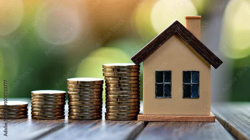 A stack of coins is on top of a house. The coins are arranged in a pyramid shape, with the top coin being the largest. The house is brown and has a wooden frame. Concept of saving money A stack of coins is on top of a house. The coins are arranged in a pyramid shape, with the top coin being the largest. The house is brown and has a wooden frame. Concept of saving money