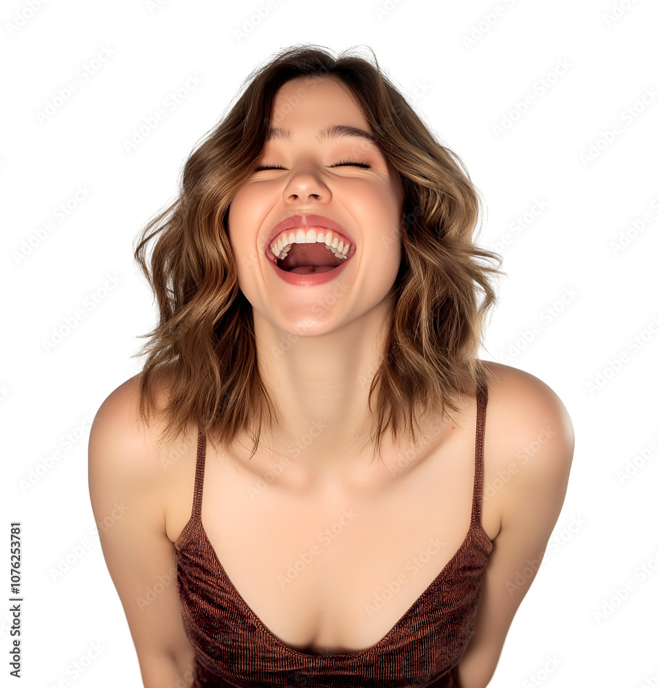 Laughing woman in brown spaghetti strap top, joyful expression, isolated on transparent background, PNG Laughing woman in brown spaghetti strap top, joyful expression, isolated on transparent background, PNG