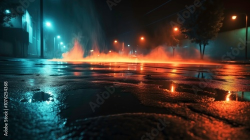 Empty night dark scene with neon light and thick smoke, neon reflection on wet concrete pavement. AI 8k photography, ultra HD,and showcasing the natural colors --chaos 1 --ar 16:9 --v 5.1 J photo