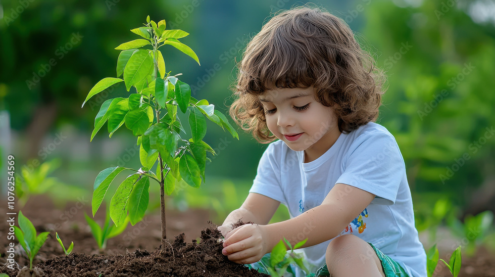 young child joyfully plants small tree in lush garden, promoting eco friendly practices and environmental awareness