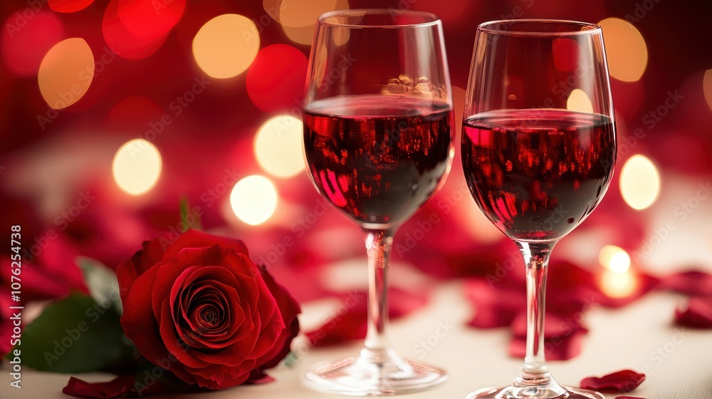 Romantic Setting with Two Glasses of Red Wine Surrounded by Rose Petals and Soft Bokeh Lights for Celebrating Love and Special Moments Romantic Setting with Two Glasses of Red Wine Surrounded by Rose Petals and Soft Bokeh Lights for Celebrating Love and Special Moments