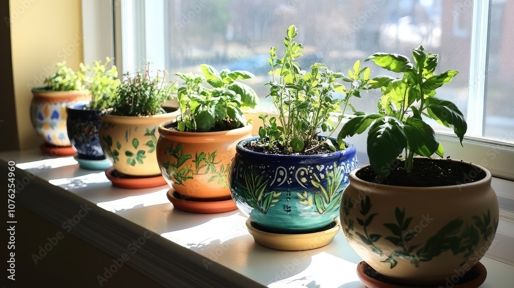 A row of potted herbs in colorful pots sit on a window sill, bathed in sunlight. The herbs are thriving with fresh green leaves. A row of potted herbs in colorful pots sit on a window sill, bathed in sunlight. The herbs are thriving with fresh green leaves.