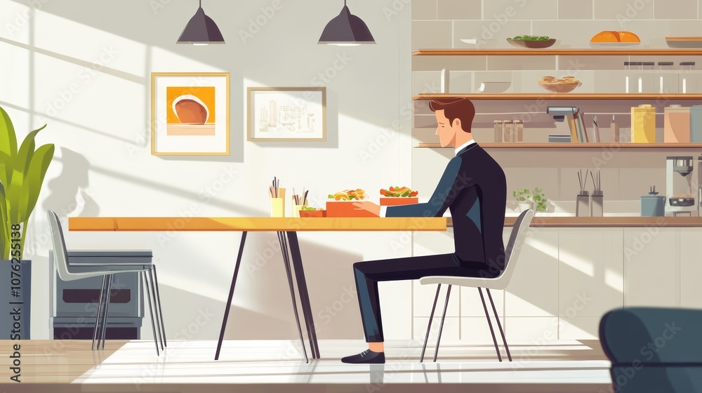Fototapeta premium A corporate office lunch scene with a man sitting at a wooden table, enjoying his lunch box in a clean, modern workspace