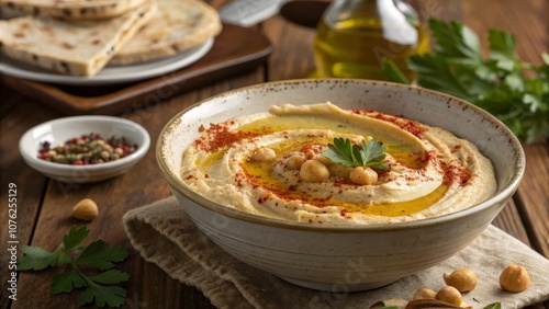 Delicious Hummus with Paprika and Olive Oil on Rustic Wooden Table - Perfect for Food Lovers, Mediterranean Cuisine, Healthy Snacks, and Cooking Inspiration