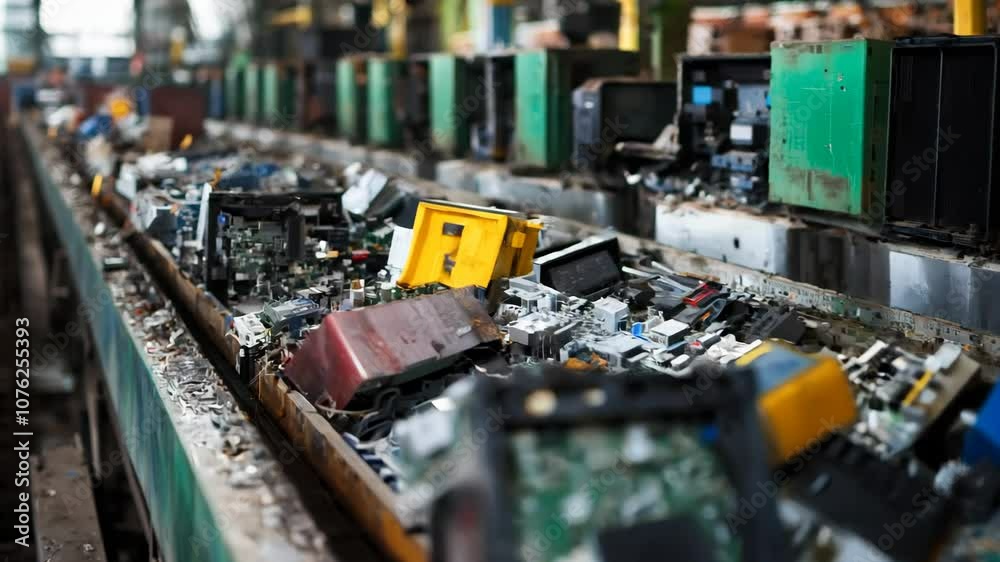A pile of electronic waste is being sorted at a recycling