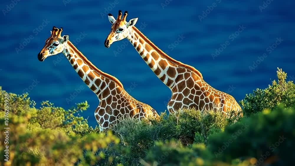 Two giraffes standing in a field of green grass Two giraffes standing in a field of green grass