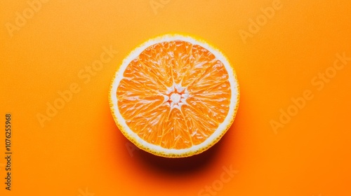 A single orange slice sits on a bright orange background. The photo shows the juicy, textured inside of the orange.