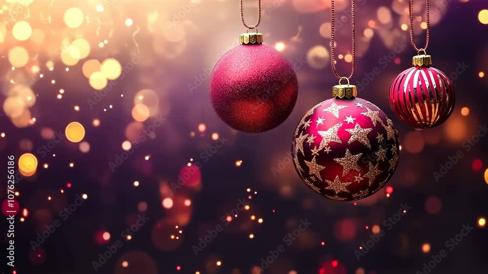 A Christmas scene with three red ornaments hanging from the ceiling A Christmas scene with three red ornaments hanging from the ceiling