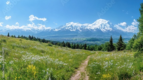 . Mont Blanc is the highest mountain in the Alps and the highest in Europe. Beautiful panorama of European Alps in sunny day. Haute-Savoie, France 