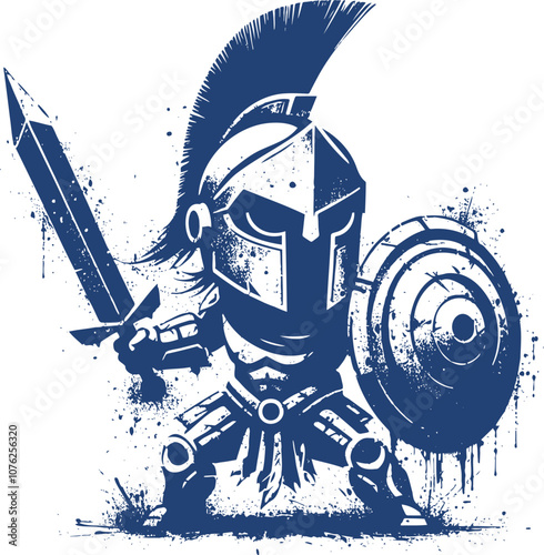 Mighty Mini Spartan Warrior A Digital Vector Illustration of a Small but Fearsome Spartan Soldier in a Dynamic Pose