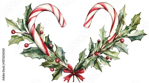 Acquarello di un cuore formato da due bastoncini  di zucchero bianchi e rossi legati con il vischio.
Disponibile sfondo trasparente.